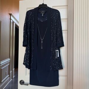 R & M Richard’s Elegant Navy Dress with Lace Jacket and pendant necklace